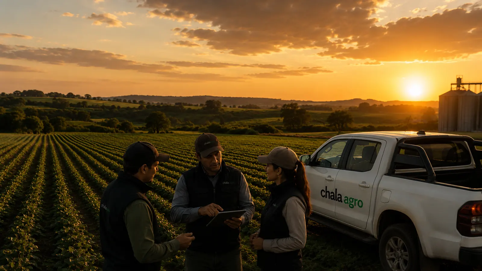Productores y asesores conversando en el lote junto a una camioneta de Chala Agro