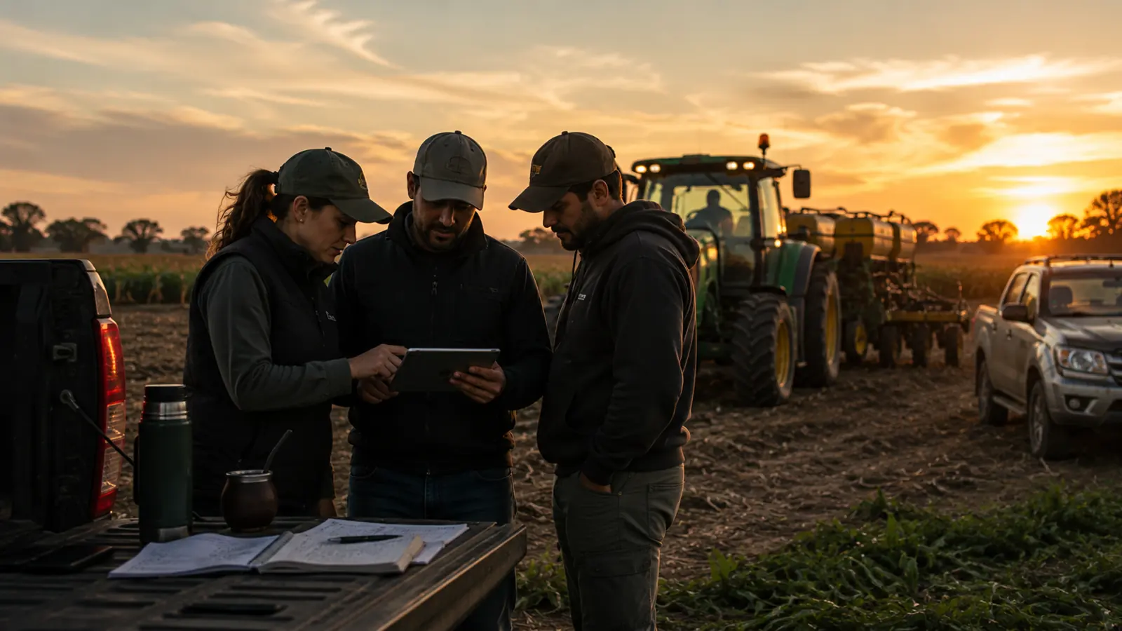Equipo de trabajo coordinando tareas en el lote