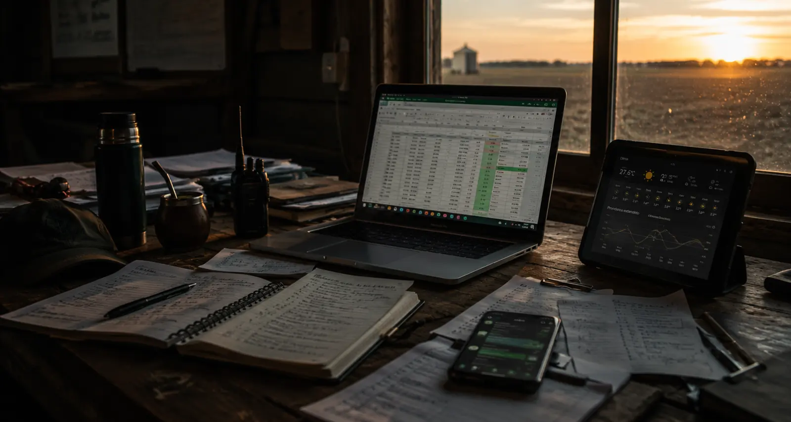 Escritorio de campo con planillas, cuadernos y dispositivos